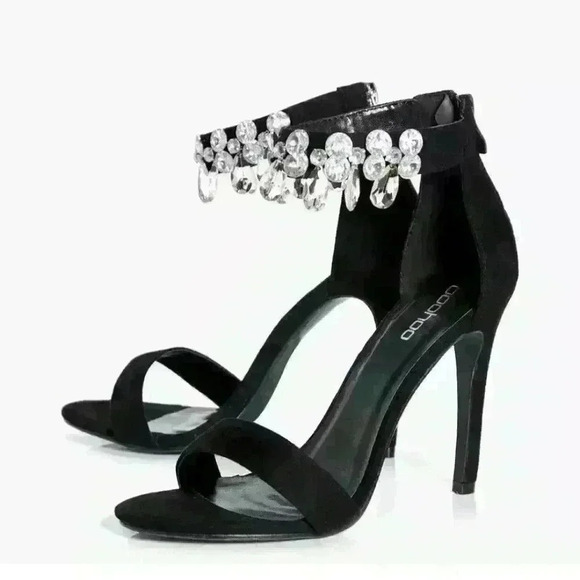 Boohoo Women's Lexi Embellished Ankle Band 2 Part Black Heels Sandals Sz 6 US - Picture 2 of 4